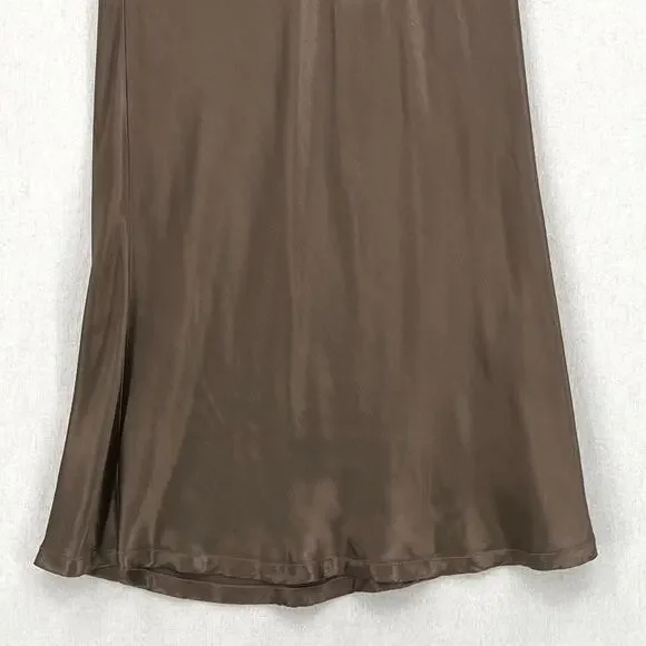 ENZA COSTA Satin Bias Cut Skirt Womens Small 1 Shiitake Brown Midi Pull on Slip - Picture 9 of 16